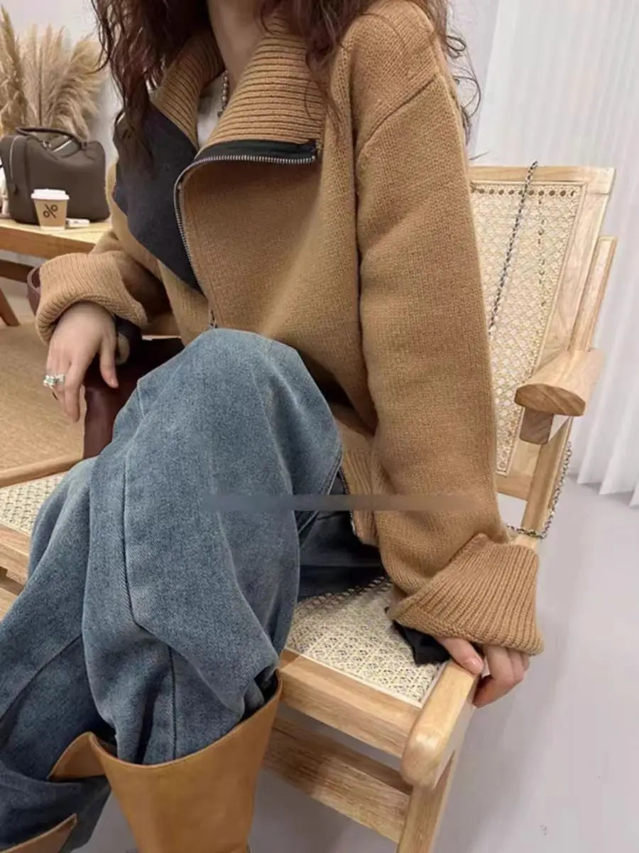 European turtle neck zipper 100% cashmere cardigan womens autumn and winter loose thick wool knitted sweater 241015