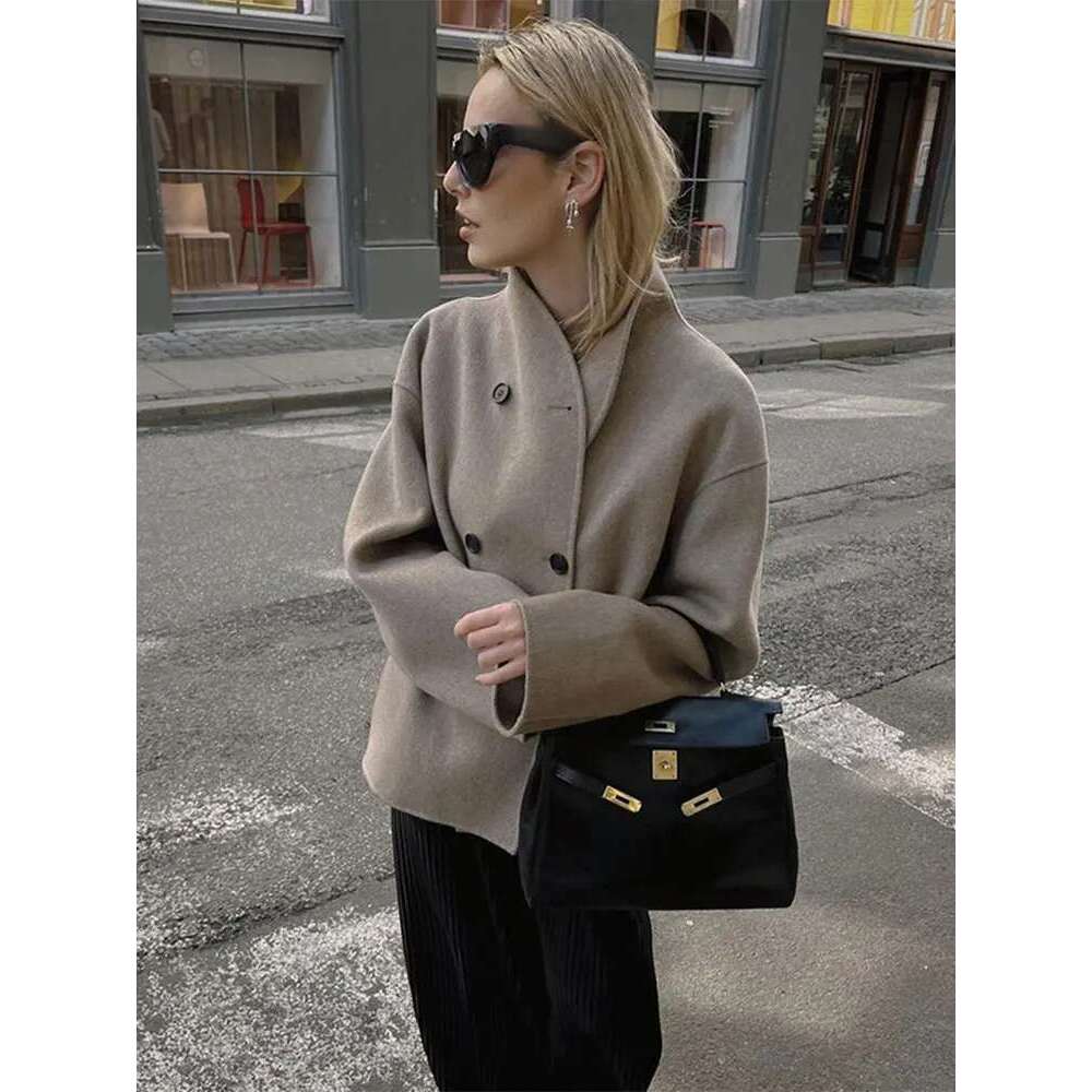 Women's Loose Casual Woolen Coats Retro Double Breasted Stand Collar Short Jacket Office Lady Outerwear Autumn Winter 2024