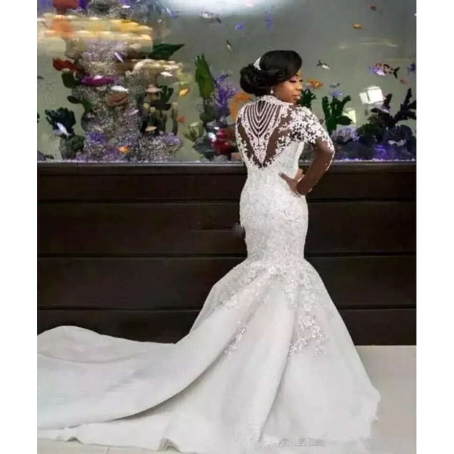 Plus African Size South Mermaid Dresses Long Sleeve High Neck Beaded Lace Bridal Wedding Gowns Vestido De Novia Bc