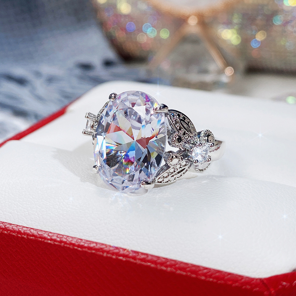 Designer oversized crystal oval zircon female ring simple exquisite butterfly ring white diamond wedding ring