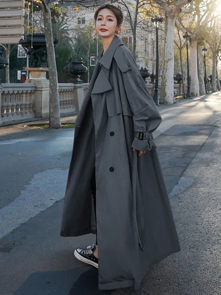 Windproof womens lapel jacket double chest V-neck autumn loose jacket solid lapel jacket 241010