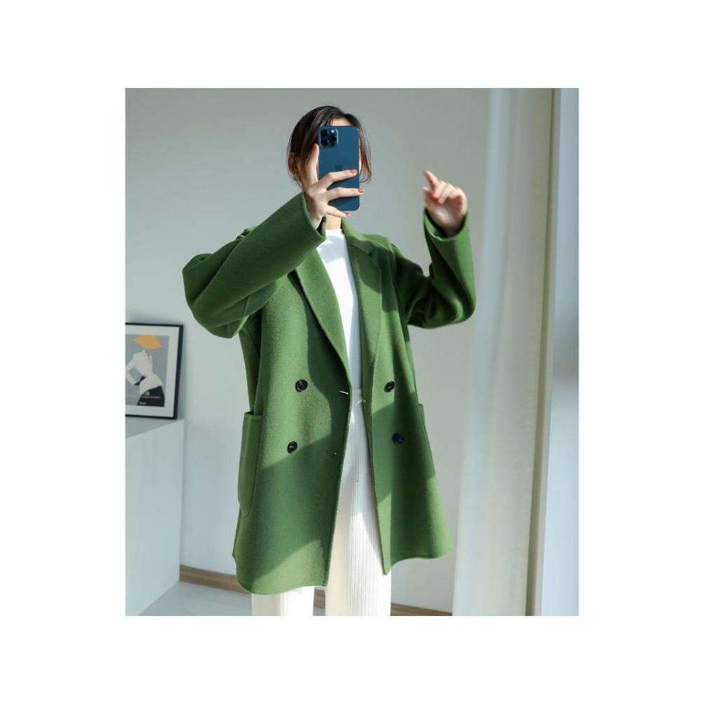2022 Autumn Korean Style Double Breasted Simple Black 100% Wool Coat Women Long Loose Suit Woolen Overcoat Jacket