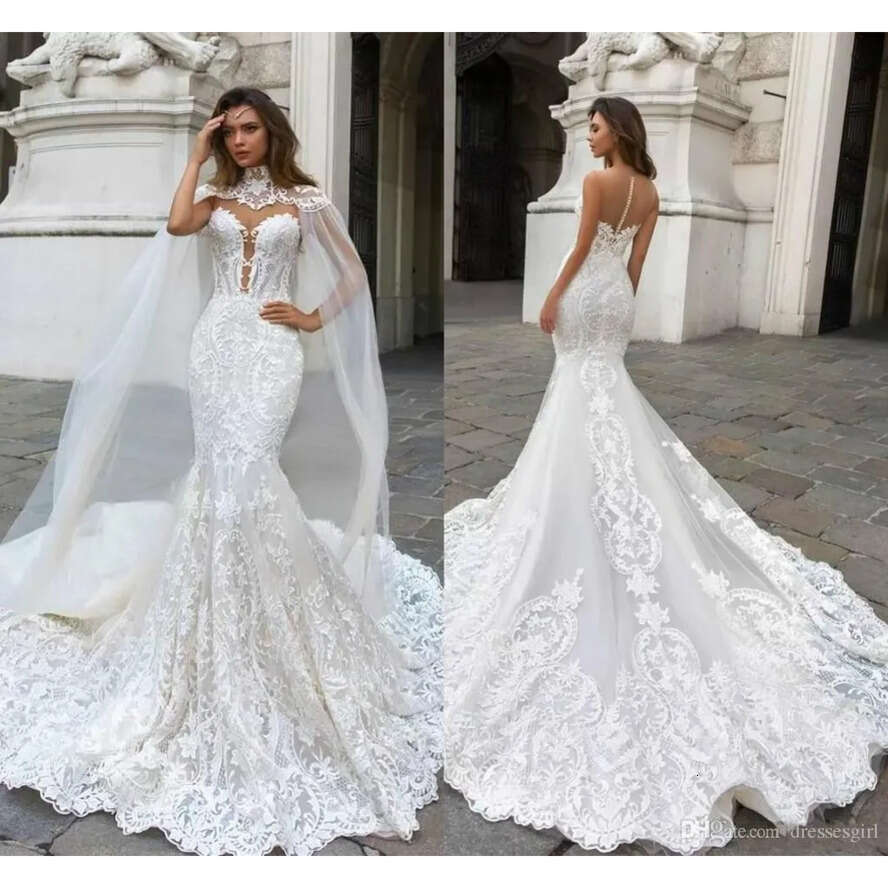 Mermaid Lace Gorgeous Dresses With Cape Sheer Plunging Neck Bohemian Wedding Gown Appliqued Plus Size Ba