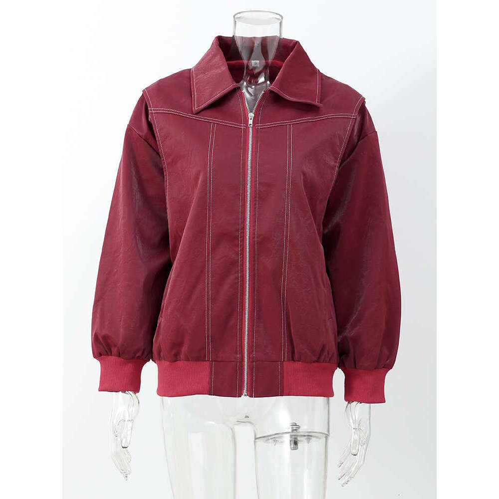Women Fashion Solid Oversized Contrast Loose Lapel Long Sleeve Zipper Pu Leather Top Autumn Lady Motorcycle Jacket