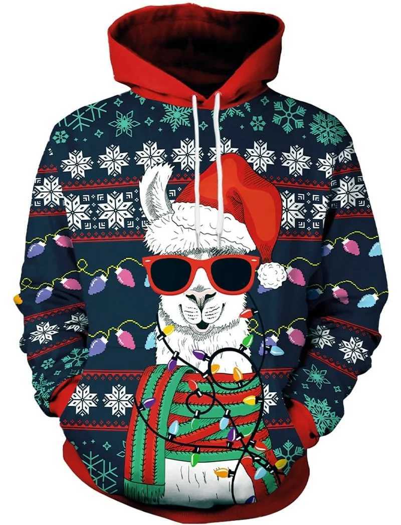 3D printed fun animal alpaca Christmas hoodie mens long sleeved plus size pull-up sweatshirt holiday ugly hoodie top Y241016