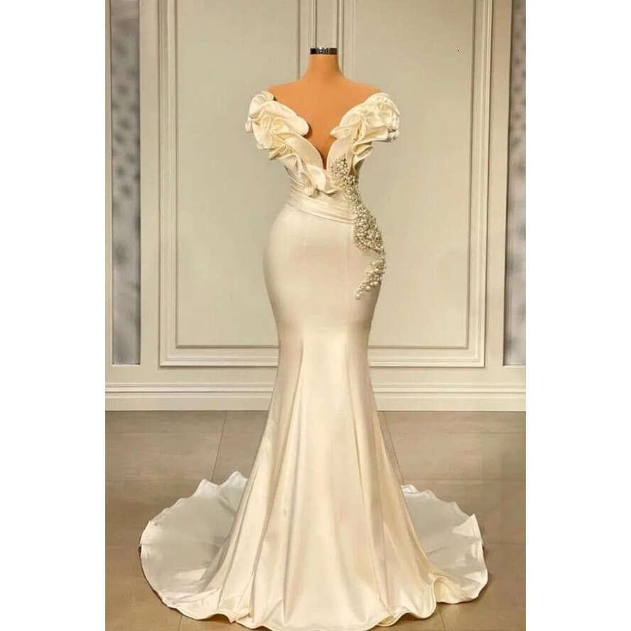 Evening Satin Mermaid Elegant Dresses Off The Shoulder Ruffles Or Length Wers Beaded Pearls Long Party Ocn Prom Gowns Formal Wears Bc10991