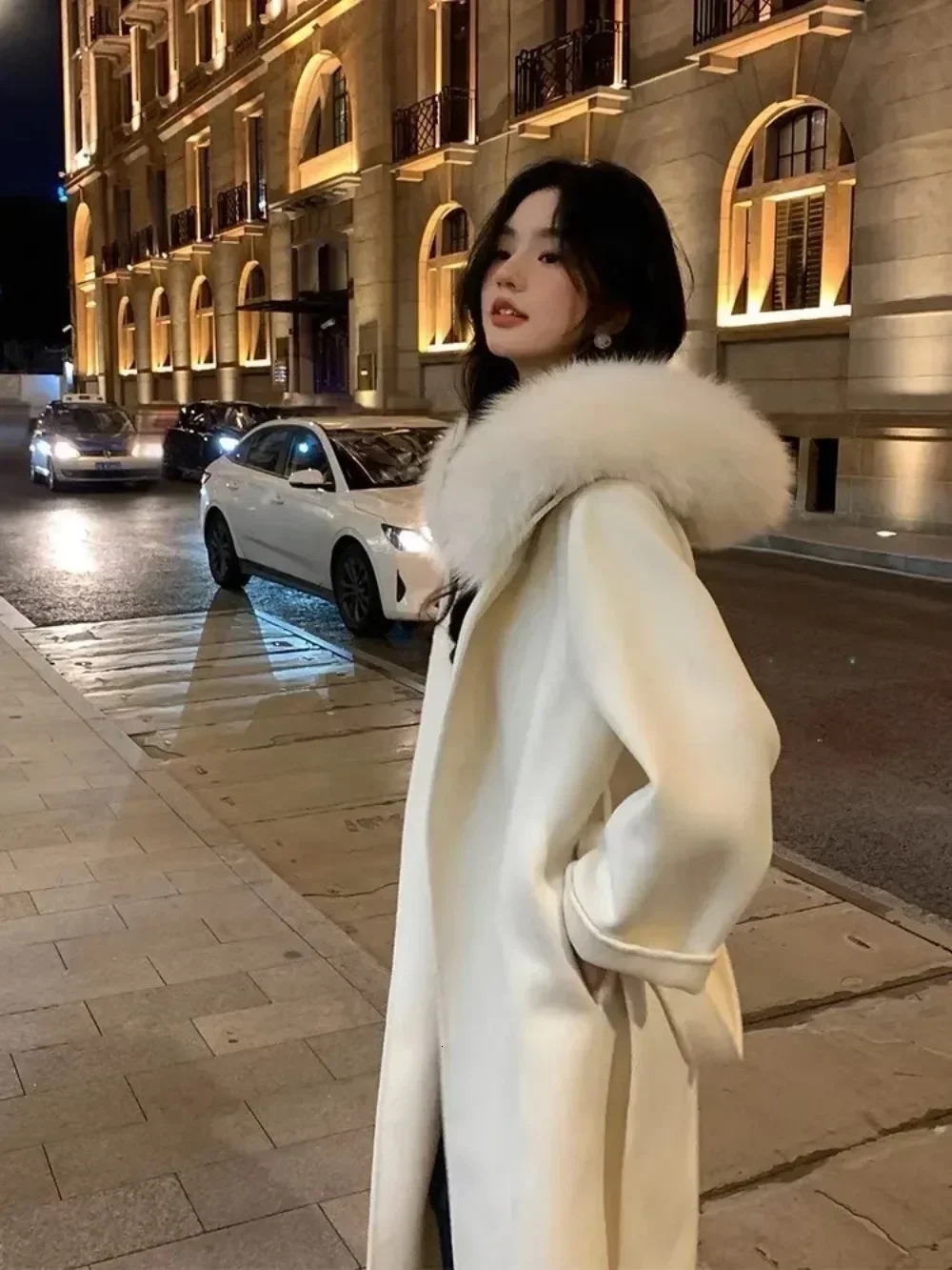 2024 New Design Hooded Wool Natural Fox Fur Outerwear Jackets With Belt Women's Overcoat Soft Woolen Coats Female