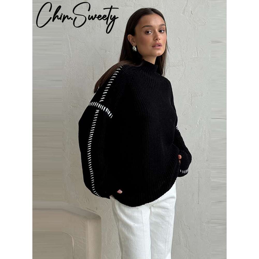 Casual Knitted Contrast Pullovers Women Loose High Collar Long Sleeve Sweaters 2024 Autumn New Lady Cozy All-Match Knitwear