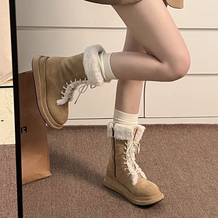 ddmytiger 2024 Winter New Velvet Knight Warm Mid Leg Martin Strap Hairy Snow Boots for Women ddmythur