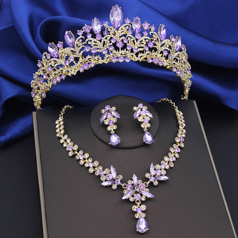 Purple Crystal Bridal Jewelry Sets Women Tiaras Bride Necklace Earrings for Wedding Crown Jewelry Set Prom 241016