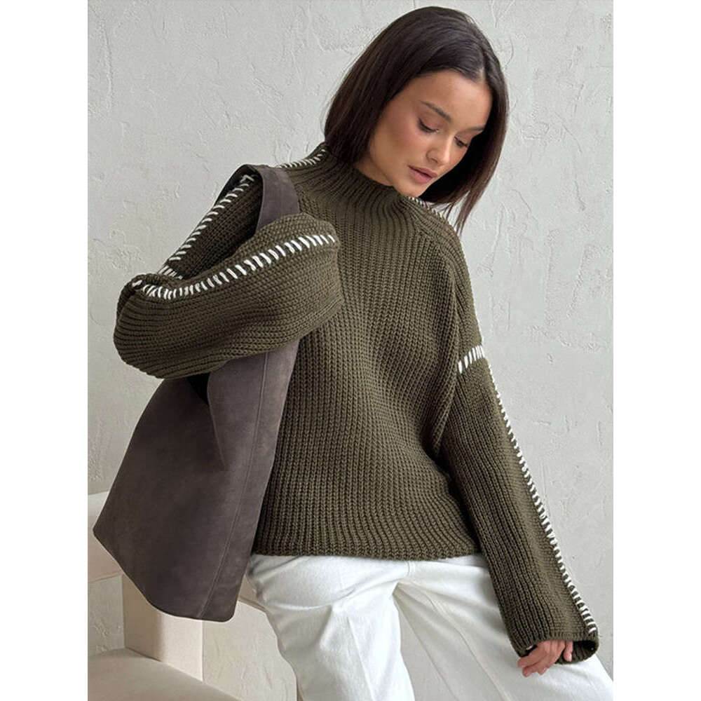 Casual Knitted Contrast Pullovers Women Loose High Collar Long Sleeve Sweaters 2024 Autumn New Lady Cozy All-Match Knitwear