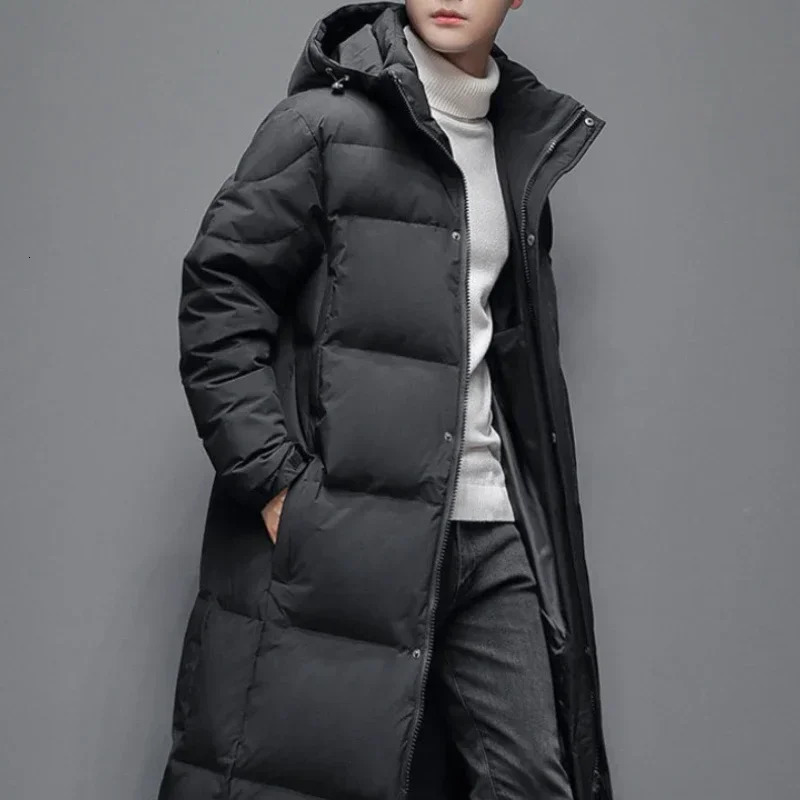 Gmiixder Unisex Warm Down Jacket Mens Thick Hooded Solid Zipper Parkas Womens Over-the-Knee Extra Long Winter Padded Jacket 241015