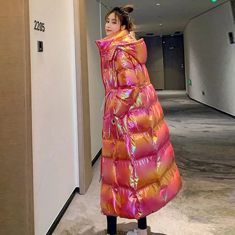 Winter Glossy Down Jacket Womens Thicken Down Cotton Hooded Coat Windproof Rainproof Warm Parka Long Overcoat Female 241008