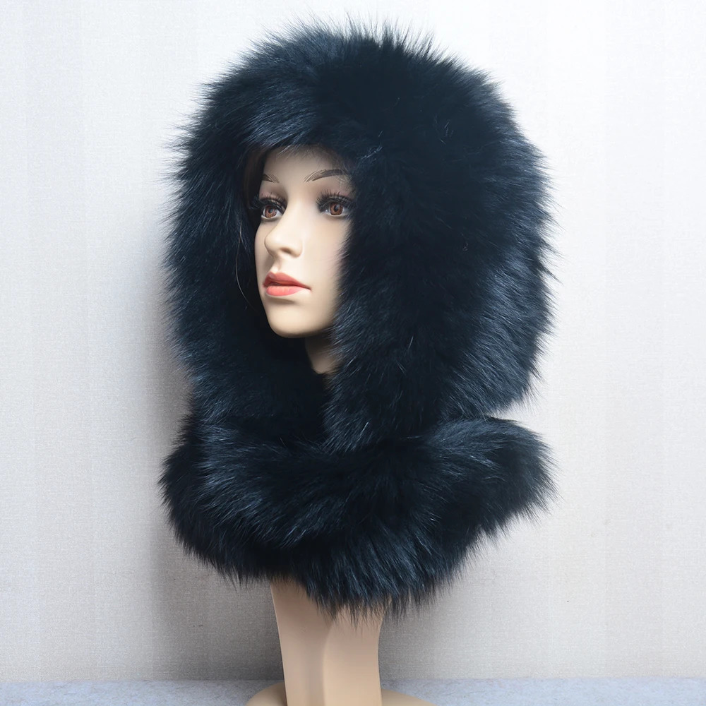 Fox fur hood Volume Hats For Women Winter Warm Novelty Knitted Fur Scarf Hat Stylish Fashionable Genuine Large Female Fur Hat 241009