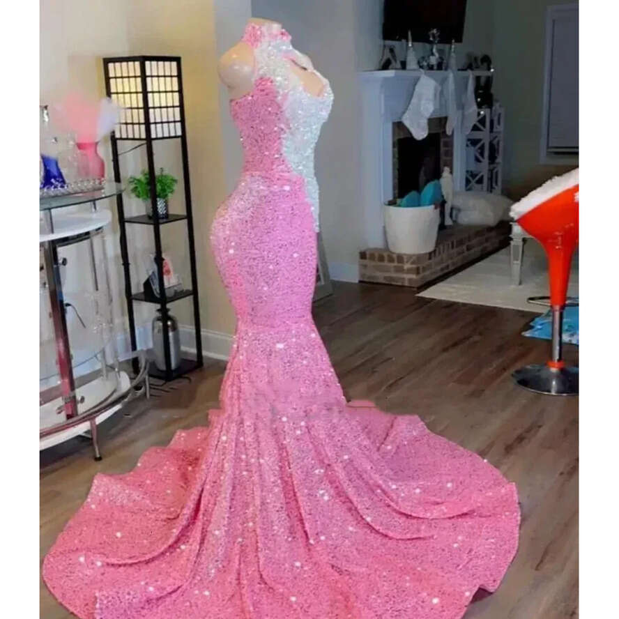 Pink Mermaid Shimmering Sequined Prom Dresses For Black Girls-2024 0604