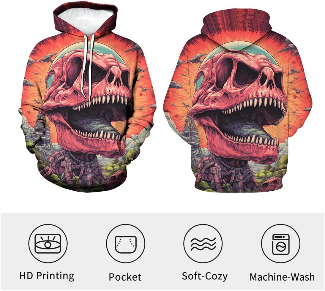 Hoodie for Mens Womens Unisex Psychedelic Dinosaur Hoodie 3D Printed Novelty Skull Pattern Long Sleeved Drawstring Pullover Hoodies Pocket Graphic Fas