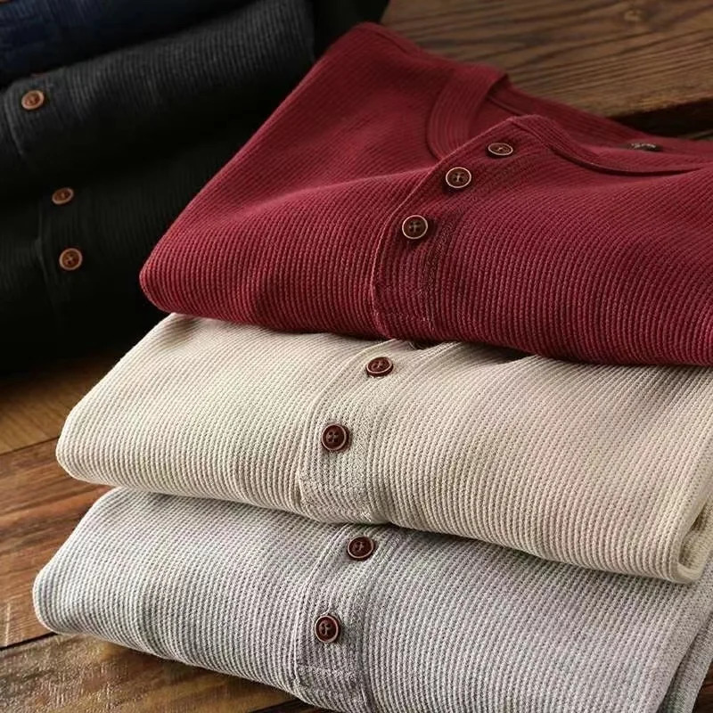 Slim Fit Mens Basic Tee Casual Tshirts Henley Waffle Long Sleeve Shirts Thermal Solid Half Button Breathable 100% Cotton Shirts 241011