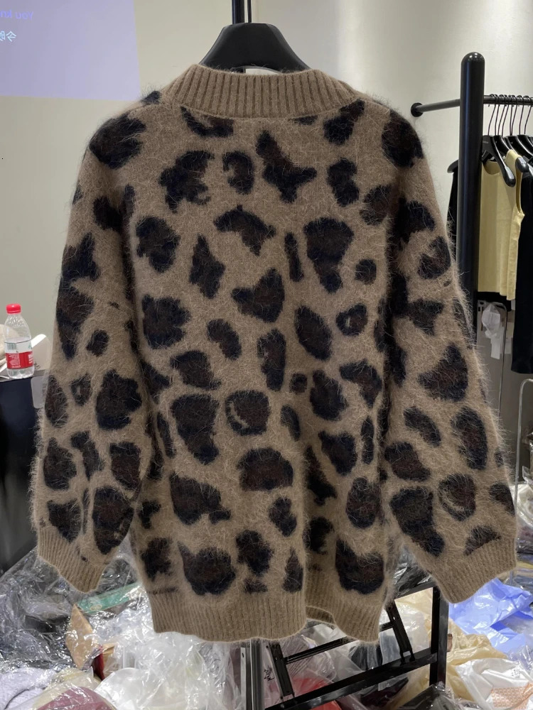 Womens oversized cardigan wool sweater autumn clothing retro suede leather strapless fashion casual leopard print knitted sweater jacket handle for wo