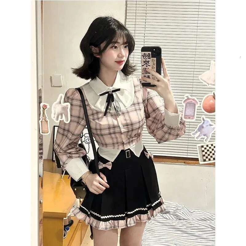Sweet College Plaid Patchwork Shirt Pleated Skirt Two-Piece Set Women Korean Fashion Bow Retro Tie Cute Temperament Autumn Suit