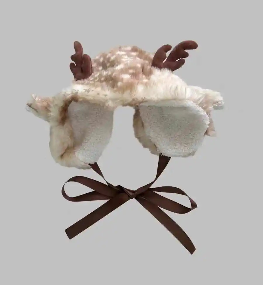 Cute Faux Fur Earflap Caps With Lace Women Christmas Moose Reindeer Warm Ski Hat Men Winter Deer Antler Warm Beanie Christmas 241009