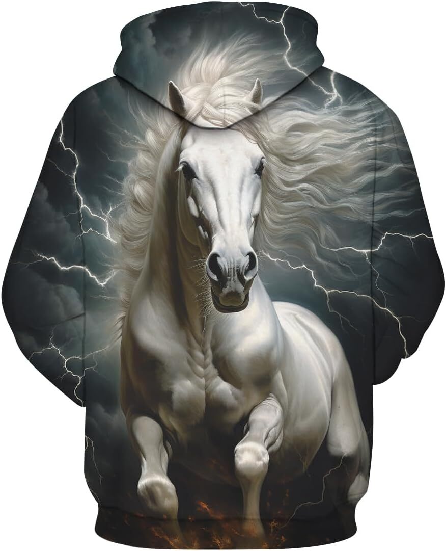 Hoodie for Mens Womens Mens Novelty White Horse Hoodies 3D Pattern Printed Animal Long Sleeve Sweatshirt Hoodie Graphic Hoodies sweatshirt