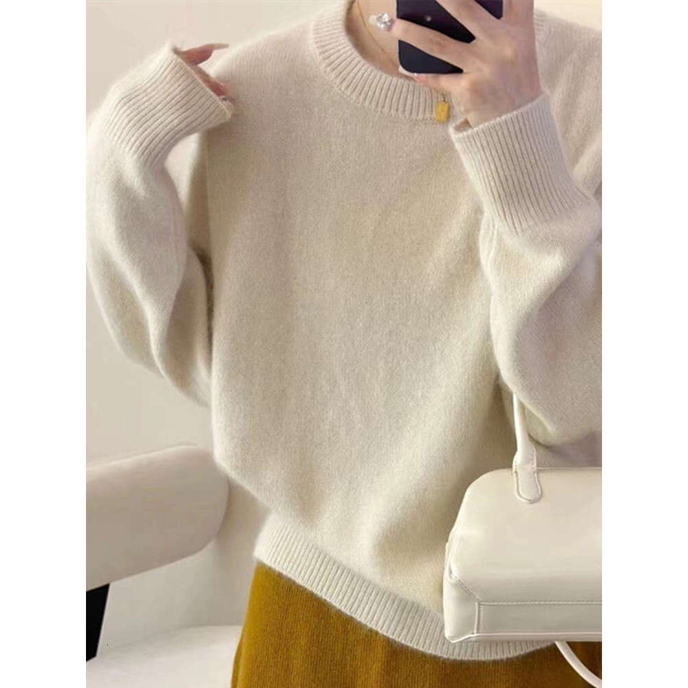 2023 Korean Autumn/Winter Thicken Loose Cashmere Women's Round Neck Pullover 100% Pure Wool Knit Sweater Soft Top Female