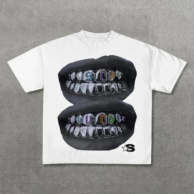 Loose Lip Print Graphic 100% Cotton T-Shirt Men Y2K Summer Short Sleeves Vintage Oversize Tshirt Streetwear Women Tops 241015
