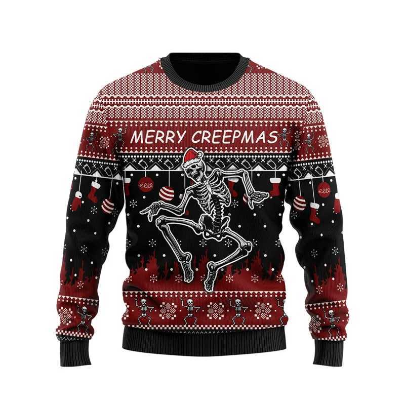 3D printed Merry Christmas mens sports shirt with interesting skull pattern hoodie casual Harajuku oversized top round neck zipper Y241016