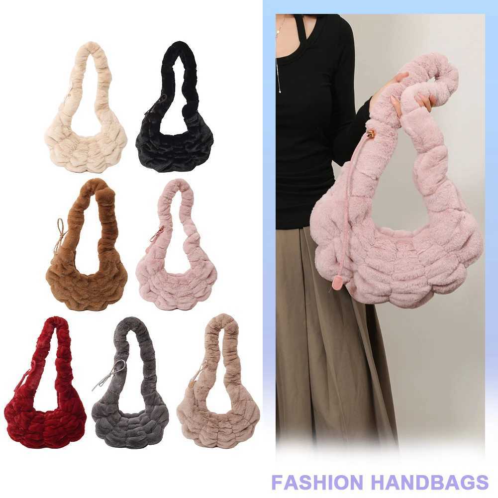 Ladies Plush Shoulder Bag Pleated Hobo Adjustable Strap Clutch Purse Dumpling for Work Travel 241016