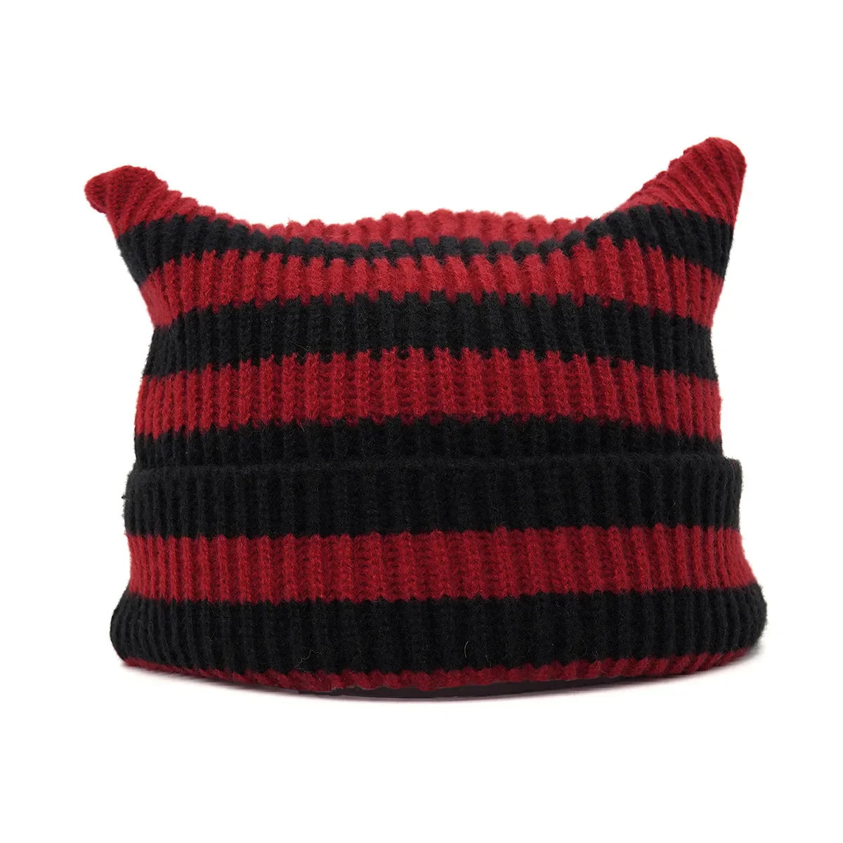 Japanese Y2K Cute Black White Striped Cat Ears Wool Hat Women Autumn Winter Warm Little Devil Hanging Ball Knitted Beanie Hat 241016