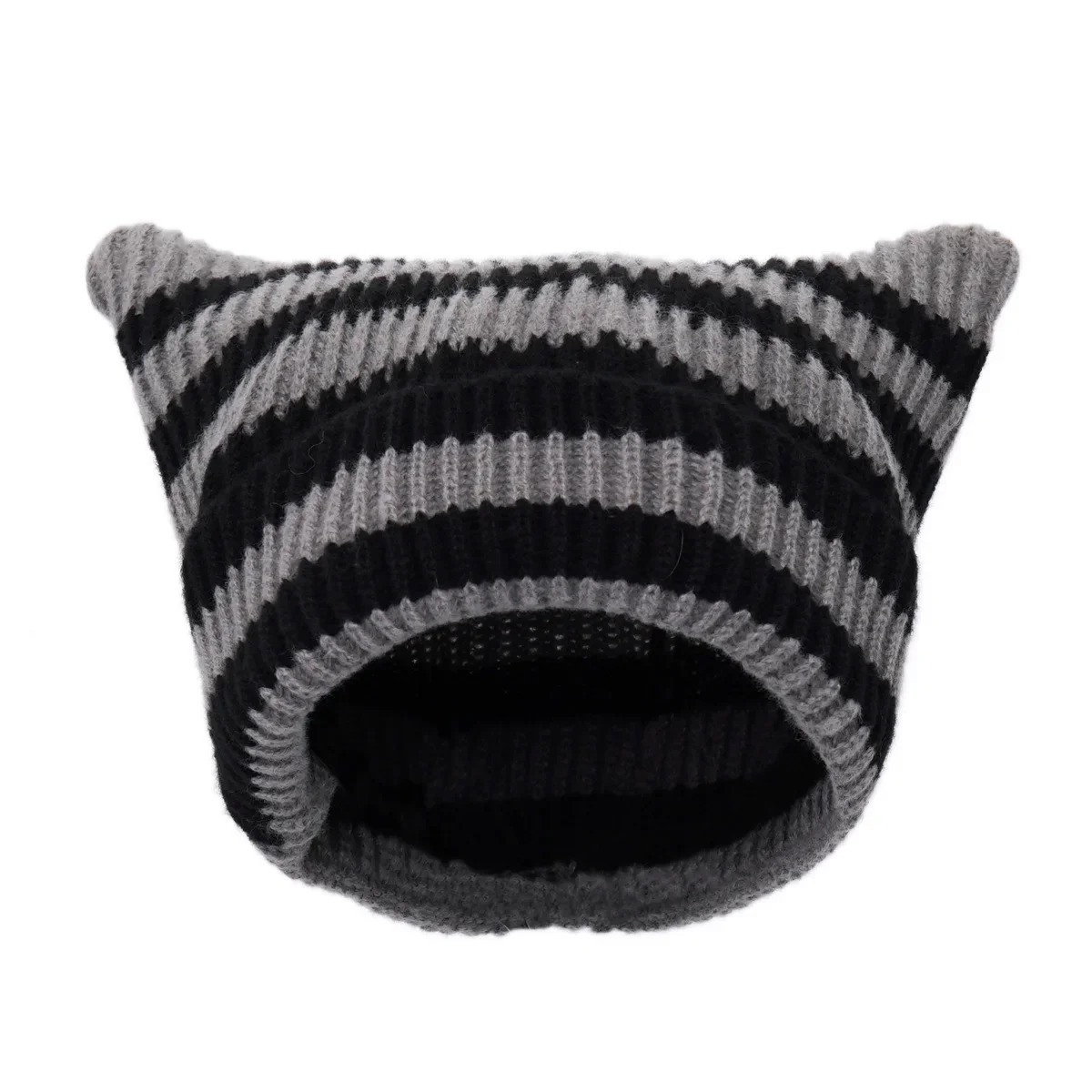 Japanese Y2K Cute Black White Striped Cat Ears Wool Hat Women Autumn Winter Warm Little Devil Hanging Ball Knitted Beanie Hat 241016