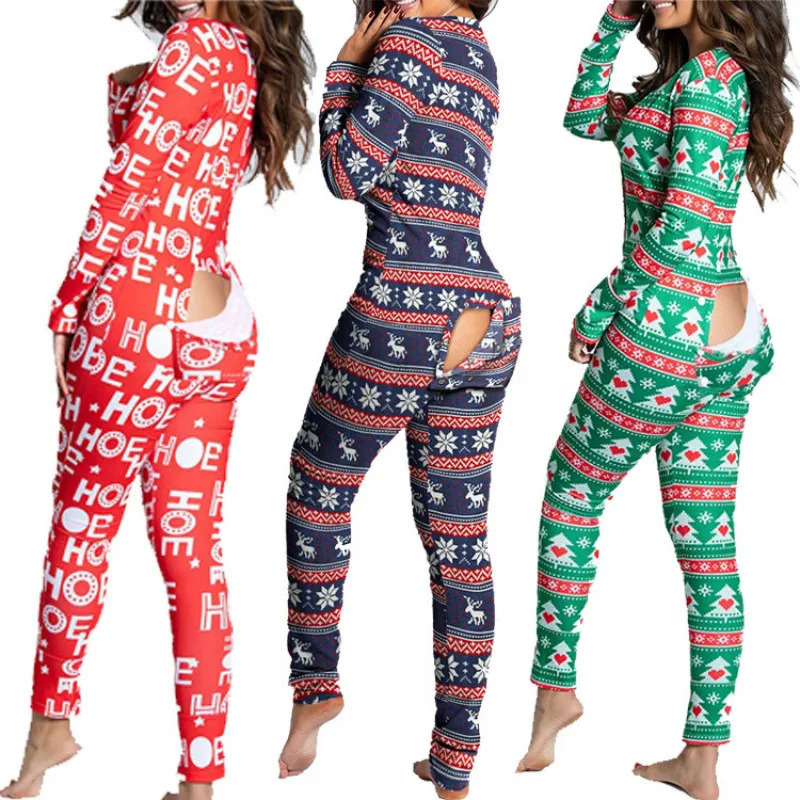 Sexy sleepwear womens jumpsuit button down front back Bum open butt flap jumpsuit Loungewear Christmas print button 241011