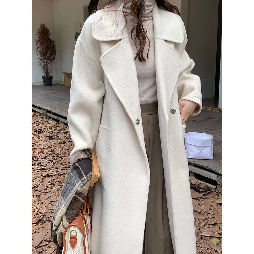 Office Lady Double-Sided Handmade Cashmere Jackets 2023 Autumn/Winter Suit Collar Buckle Loose Long High-End Women Wool Coats
