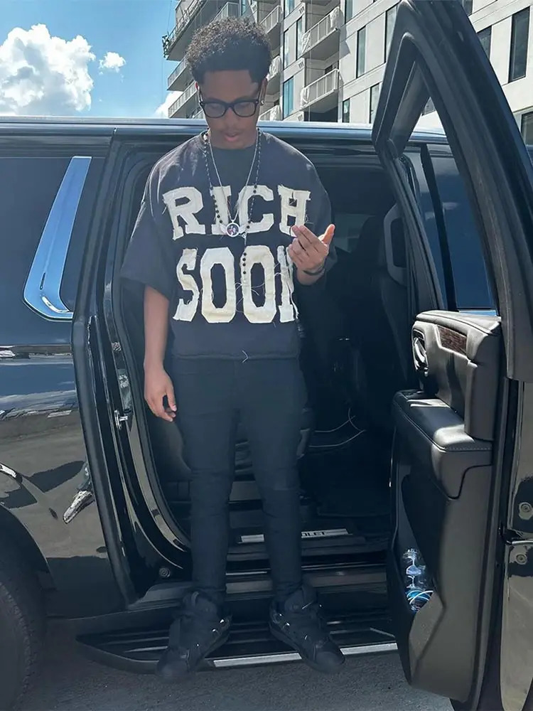 Rich Soon print O-neck mens fashionable short sleeved loose shirt top Y2k street Harajuku hip-hop casual T-shirt 241015