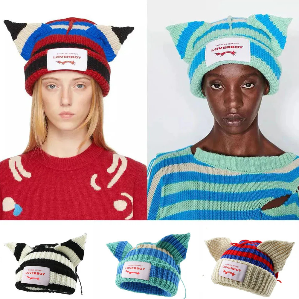 Long fox Ears Knitted Hat Men Women Rabbit Ear Warm Crochet Beanies Kpop Hip Hop Hat Winter Skullies Cap Y2k Christmas Gifty 241016