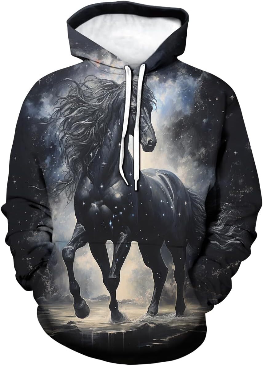 Hoodie for Mens Womens Unisex Trippy Hoodies Novelty Starry Sky Horse Hoodie Drawstring Long Sleeve Sweatshirt Hooded Graphic Hoodies sweatshirt