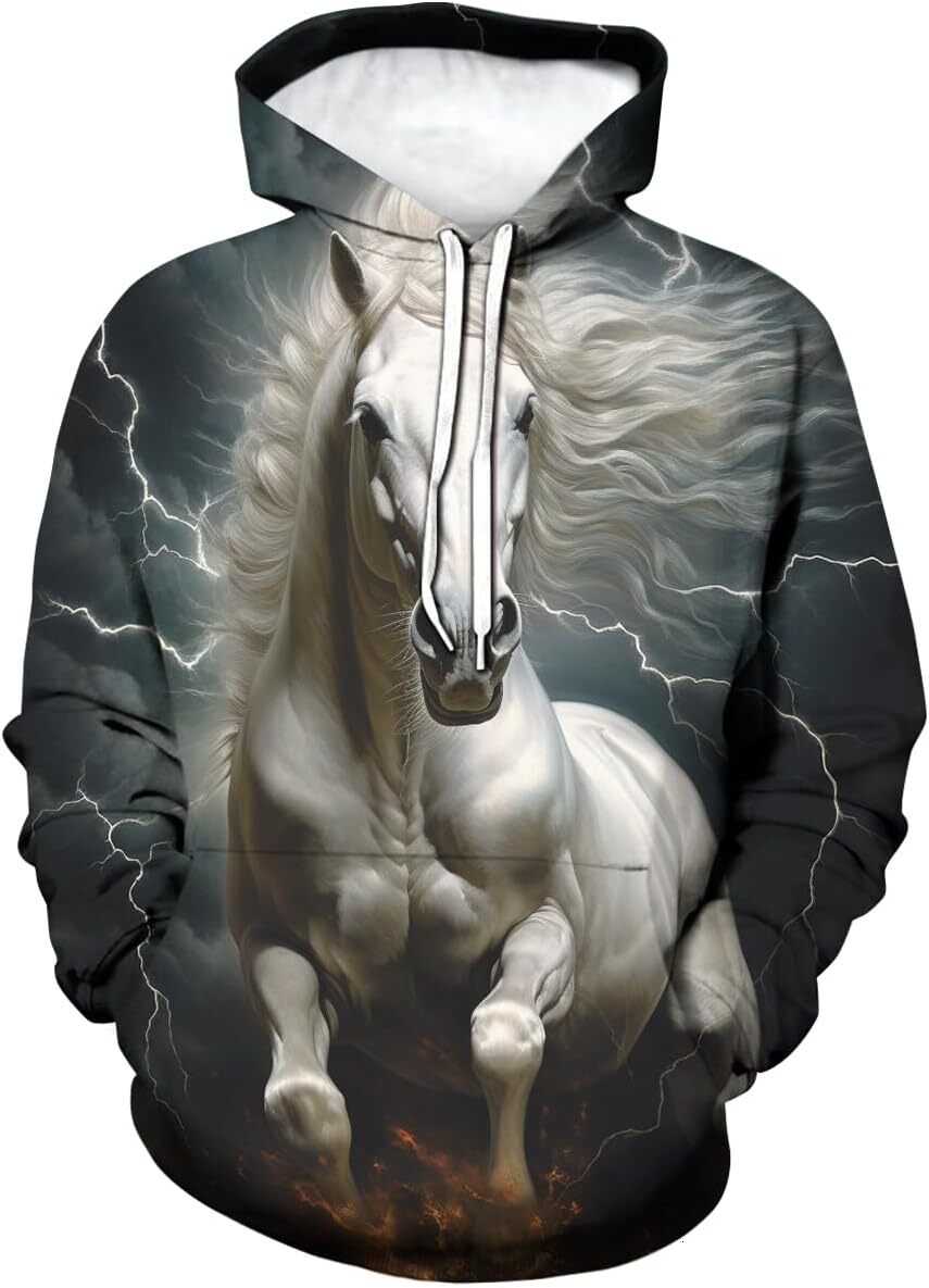 Hoodie for Mens Womens Mens Novelty White Horse Hoodies 3D Pattern Printed Animal Long Sleeve Sweatshirt Hoodie Graphic Hoodies sweatshirt