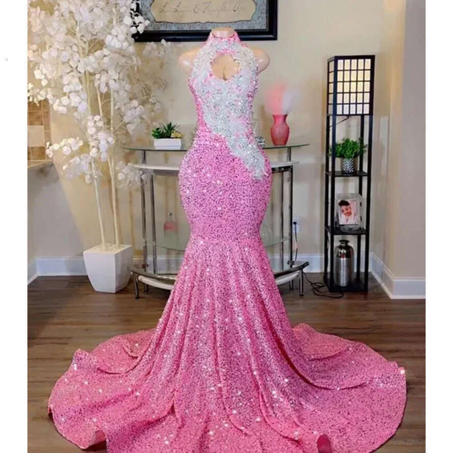 Pink Mermaid Shimmering Sequined Prom Dresses For Black Girls-2024 0604