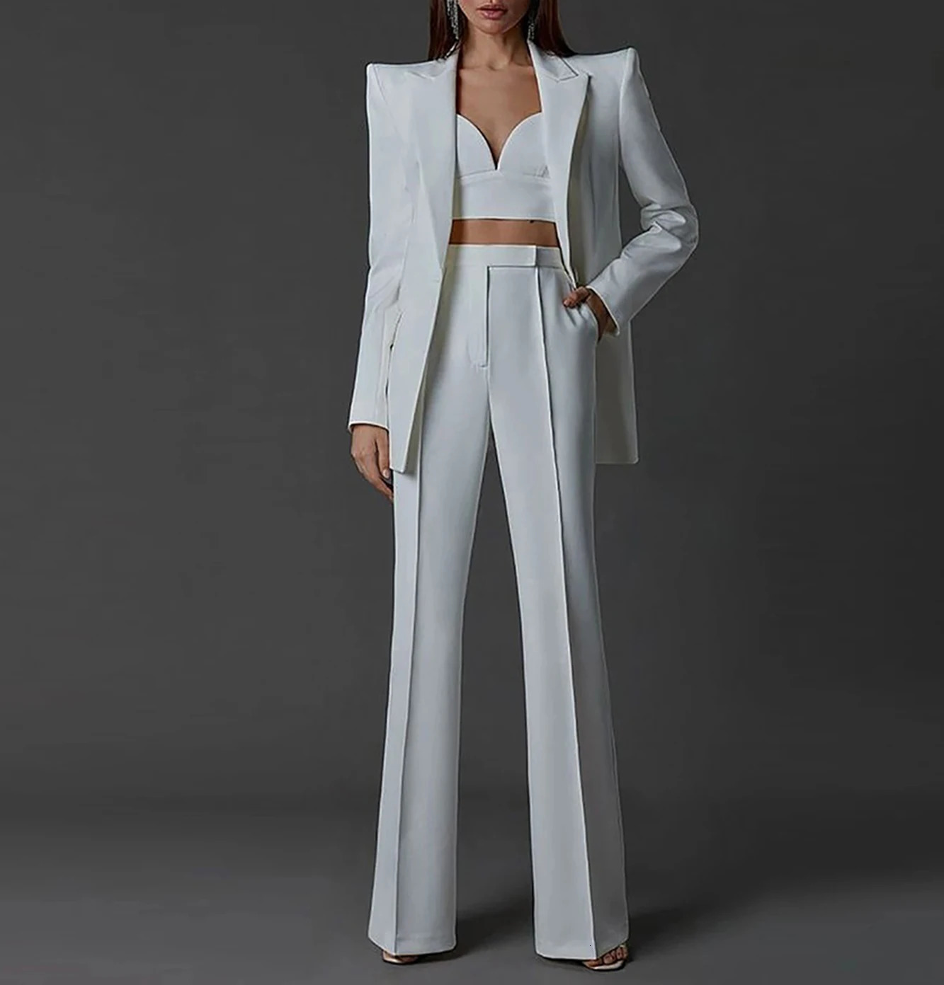 White womens suit pants tight fitting set 2-piece jacket pants single chest evening dress party custom womens clothing 241011
