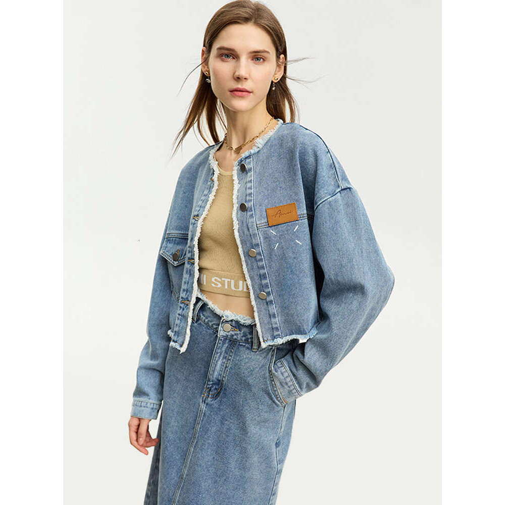 AMII Minimalist Denim Skirts For Women 2024 Autumn Jean Jacket Crew Neck Loose Coats Midi Skirt Casual Woman Clothing 12343096