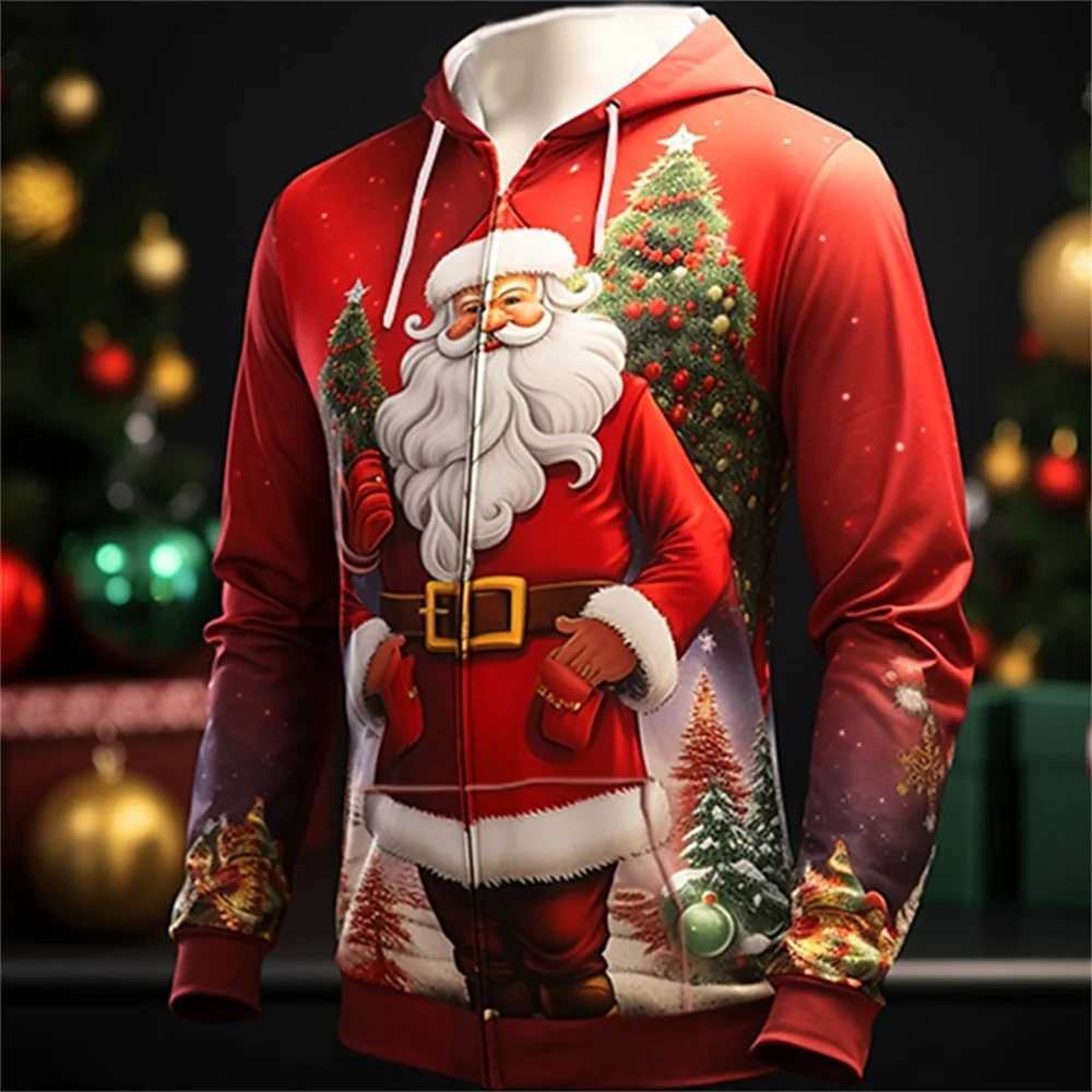 3D Christmas Day Mens Zipper Hoodie Fashion Santa Claus Mens Oversized Top Long Sleeve Sweatshirt Y241016