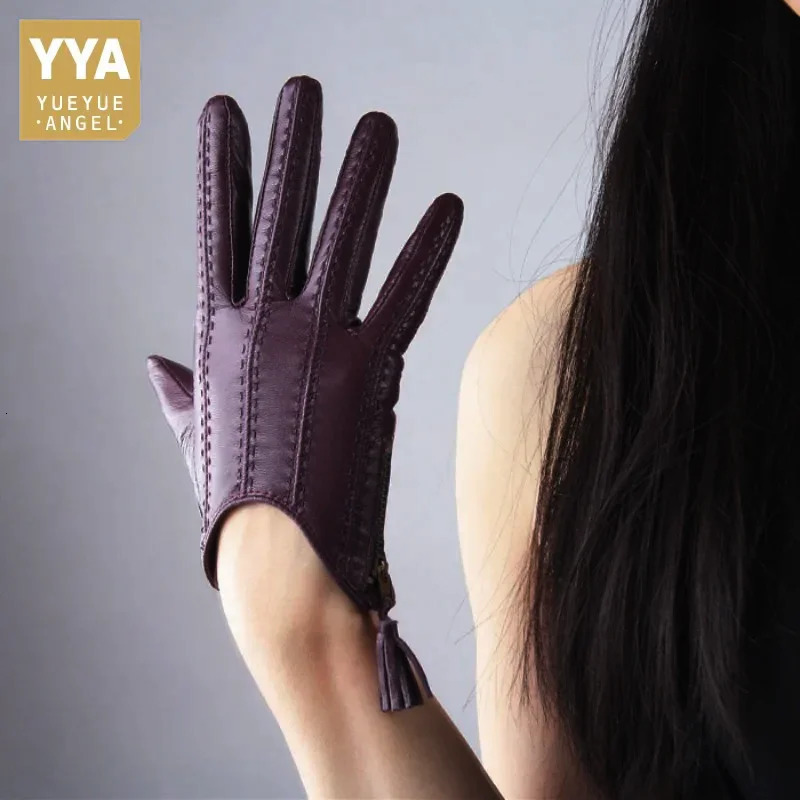 Touch screen gloves for women made of genuine leather sheepskin tassel zipper short style fashionable solid driving 241009