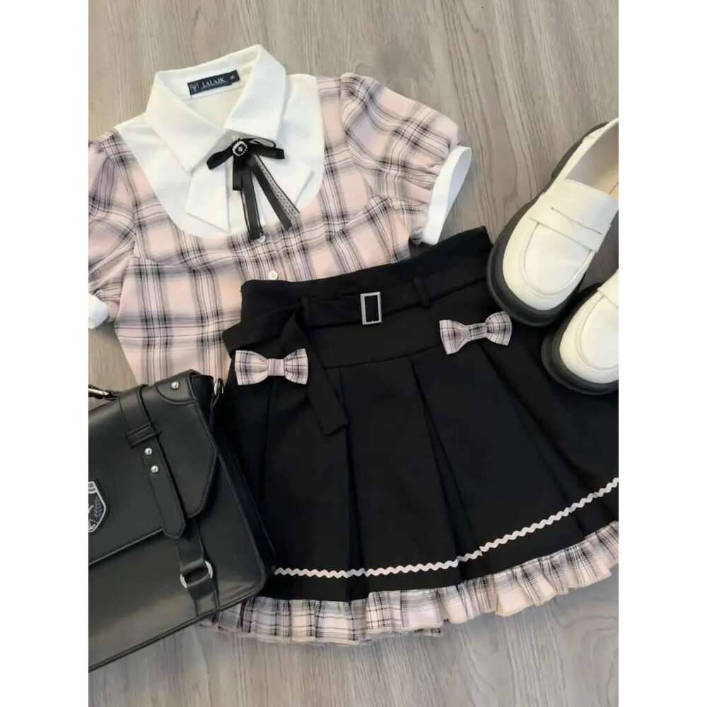 Sweet College Plaid Patchwork Shirt Pleated Skirt Two-Piece Set Women Korean Fashion Bow Retro Tie Cute Temperament Autumn Suit