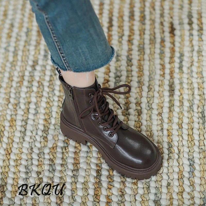 Boots BKQU Basic Ankle Women British Wind 2024 Brown Thick Soled Explosive Autumn Short Ins Single Shoes Zip