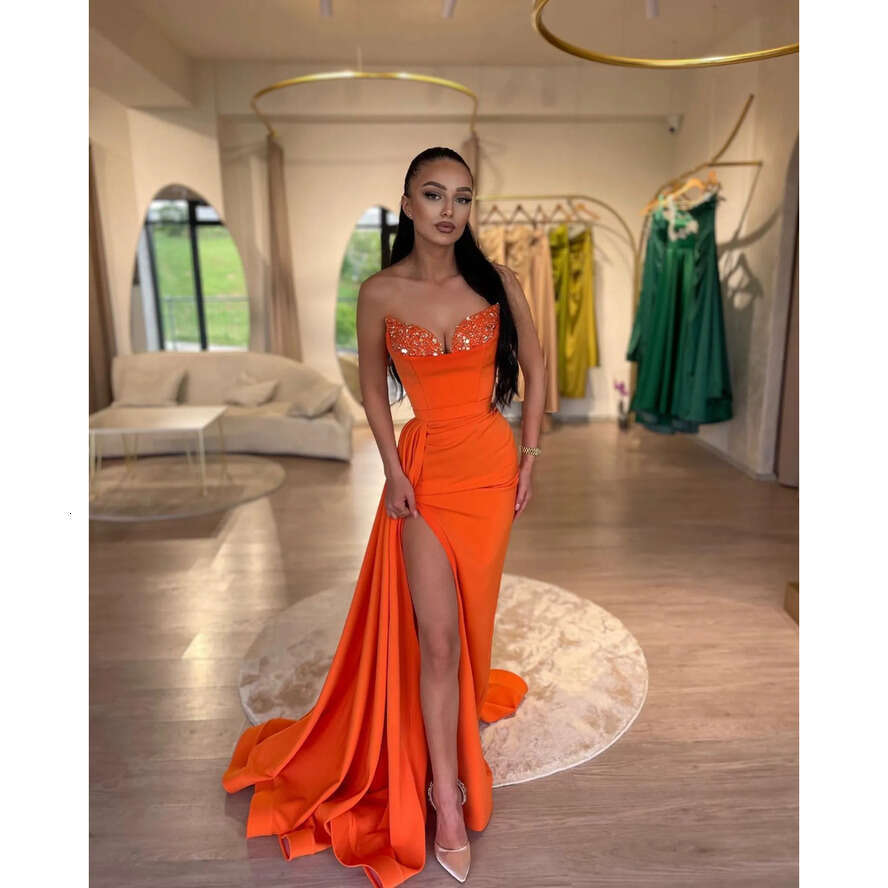 Prom Elegant Dresses Orange Sequins Sweetheart Party Evening Gowns Split Formal Long Special Ocn Dress 0607