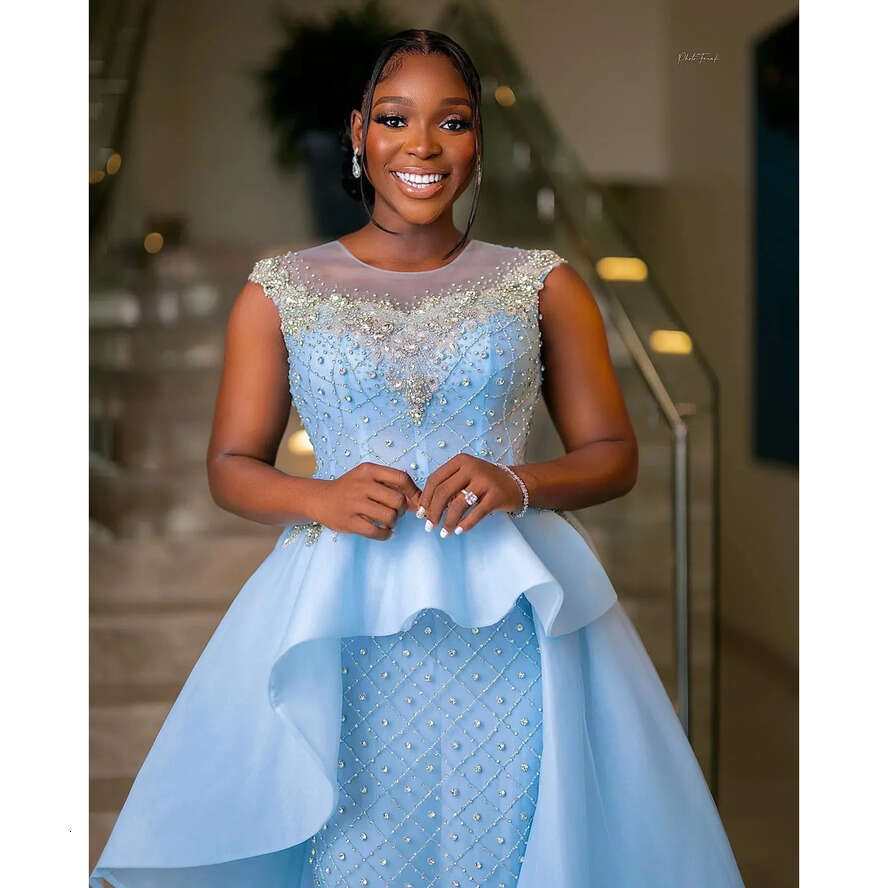 Sheath Blue Gorgeous Baby Prom Crystals Peplum Evening Dress Elegant Rhies Jewel Neck Tulle Black Girl Arabic Formal Dresses For Women 0607 es