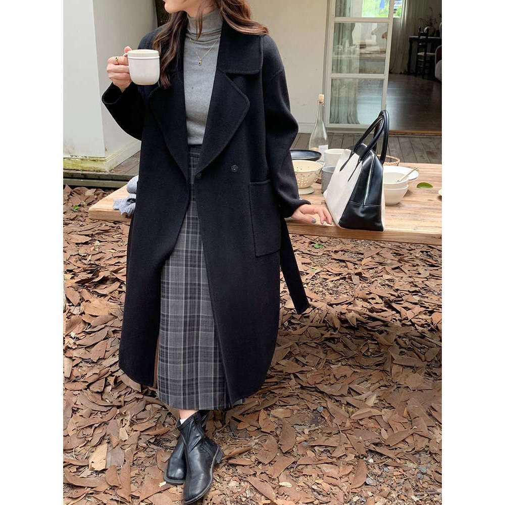 Office Lady Double-Sided Handmade Cashmere Jackets 2023 Autumn/Winter Suit Collar Buckle Loose Long High-End Women Wool Coats