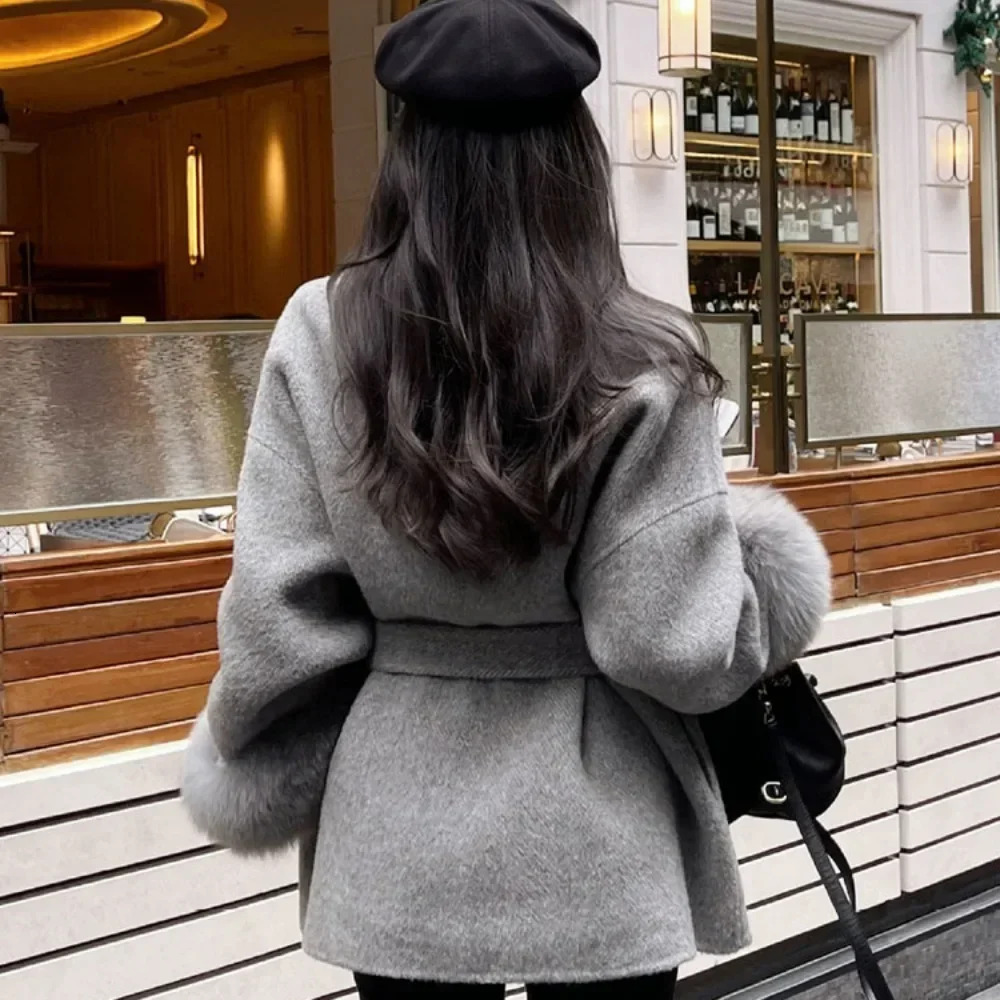 High End Double-Sided Strapping Real Wool Coat Women's Removable Cuffs Fox Fur Temperament Cashmere Short Jacket