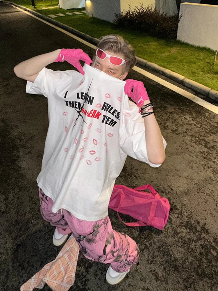 Mens Clothing Vintage Graffiti Casual Pants And Womens SpringAutumn Loose Pink Camouflage Print Straight Leg Overalls 241014