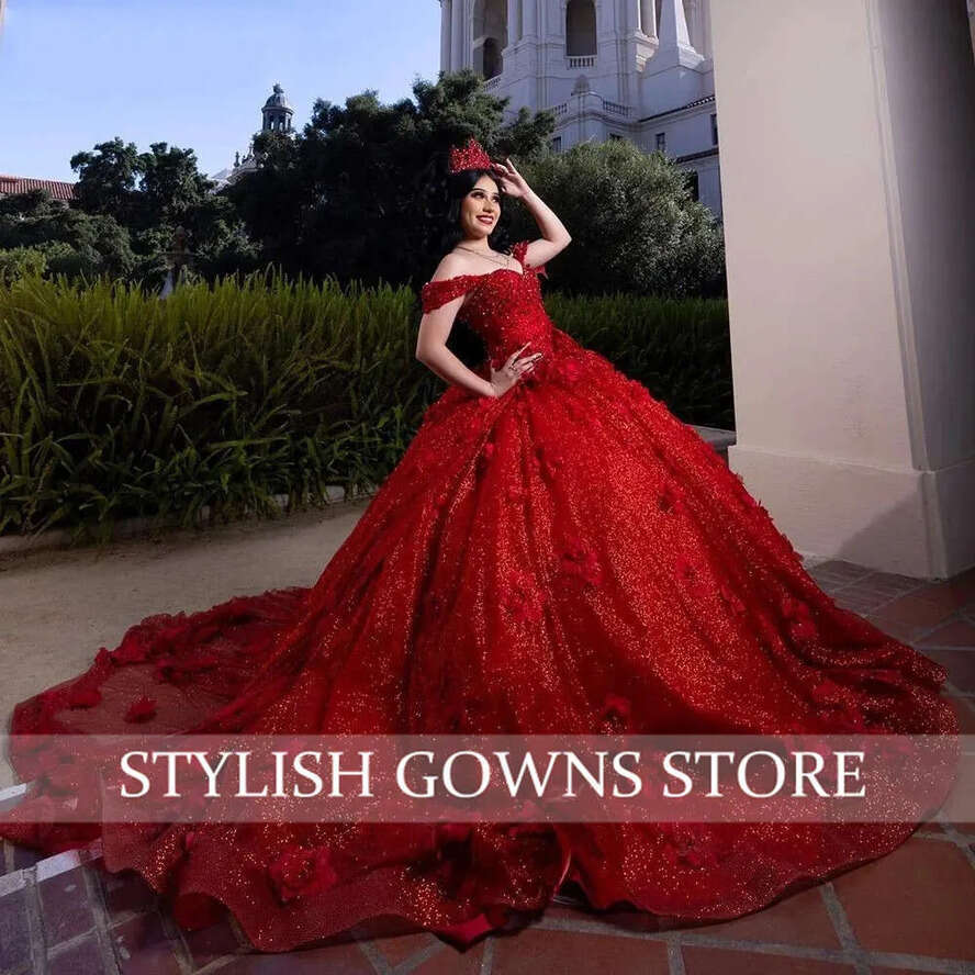 The Off Mexico Red Shoulder Ball Gown Quinceanera Dresses Girls Beaded Birthday Prom Wers Sweet 16 Vestido De 15 Anos Robe 0627